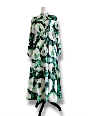 NWT Green/White Tie-Dye Floral Long Sleeve Boho Maxi Dress (SIZE S)